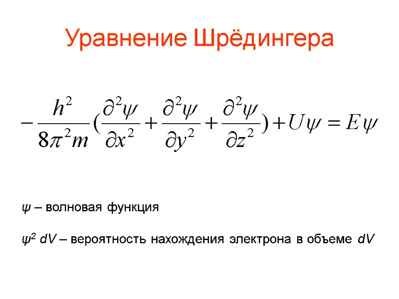 Уравнение Шрёдингера ψ – волновая функция  ψ2 dV – вероятность нахождения электрона в